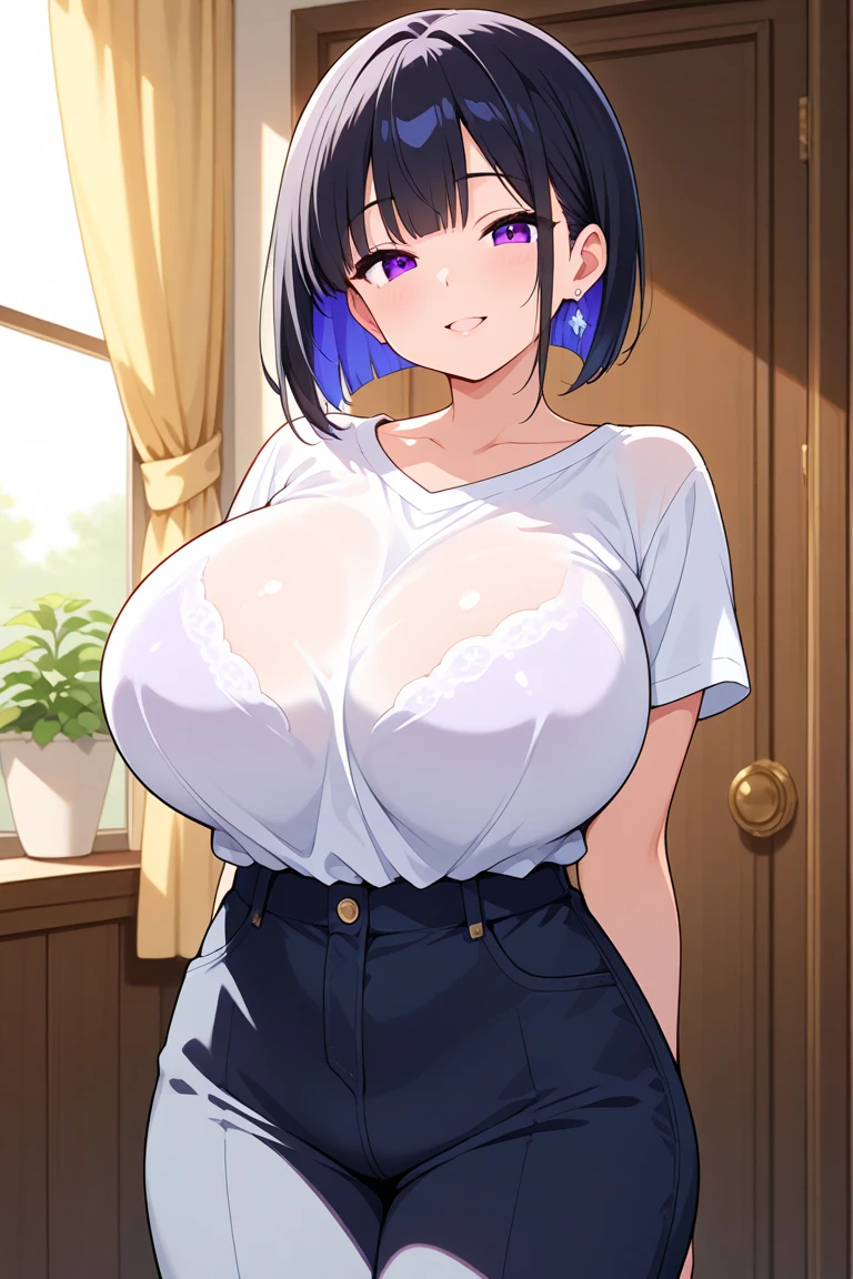 score_9, score_8_above, score_7_above, score_6_above, milf, {{Ultra gigantic breasts}}, Wide hips, curves, straight hair, short hair, by rubio, blue eyes, White shirt, sleeveless shirt, under the chest, mental shorts microskirt, inside, standing, looking at the viewer, smile, Whole body