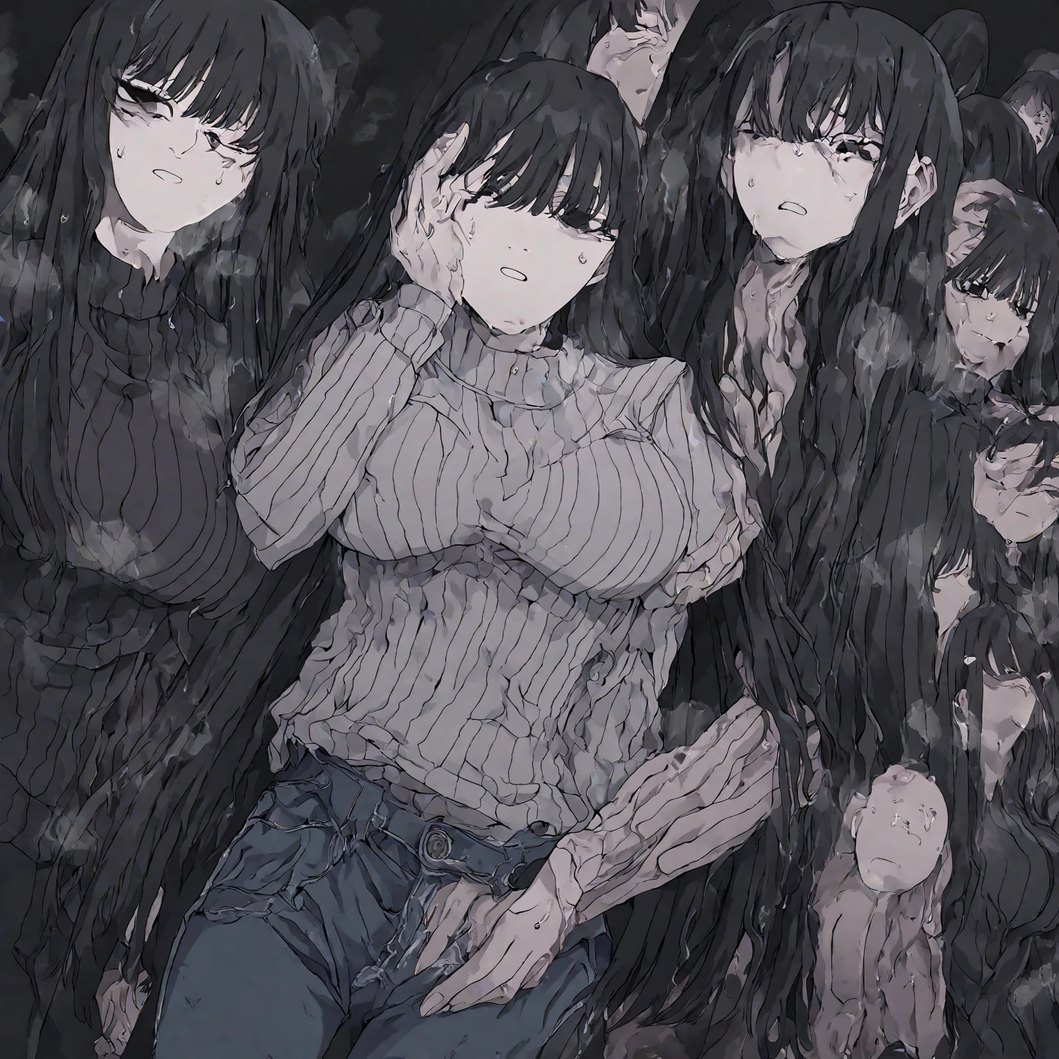 (tmasterpiece,Best quality at best:1.4),looking at viewert,
(wavey hair:0.8), cabelos preto e longos, Black Themes,Clothes were torn to shreds,Exposing large areas of skin,cropped shoulders,revealing breasts,The reveal panties,weeping,tear drop,grieves,lies on the ground,Dirty,White liquid