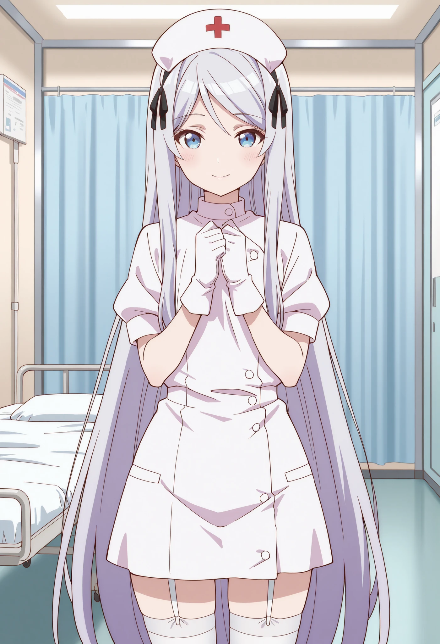 Score_9, score_8_up, score_7_up, source_anime, shisei houjou (kurakon), solo, very long hair, grey hair, sidelocks, blue eyes, flat , (best quality), (high quality), {masterpiece}, extremely delicate and beautiful, ultra-detailed, beautiful detailed eyes, nurse, nurse hat, ((white nurse's outfit)), white gloves, white thighhighs, hospital room, smile, closed mouth, standing