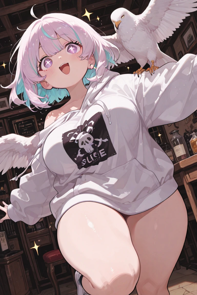 anatomically correct, best quality, masterpiece, high quality, high details, highres, HD, (shaded face:1.2), hollow eyes, green eyes, looking at viewer, heavy breathing, embarrassed, clenched teeth, blush face, lips, black hair, short hair, multicolored hair, huge breasts, roppend hoodie, black bikini, long sleeves, standing, simple background, fog, gravity art,