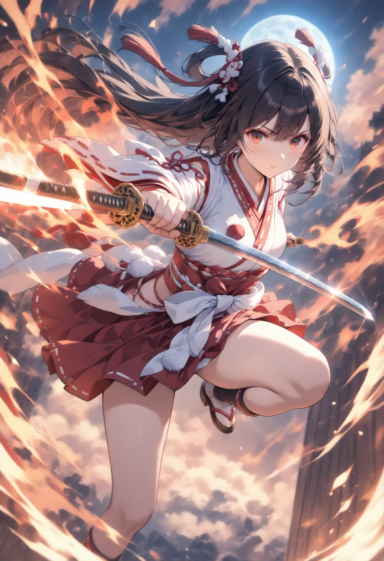 (Perfect Anatomy)、Mastepiece、Ultra High Quality、 8K、masterpiece、highest quality、Ultra-high resolution、Maximum resolution、Very detailed、Professional Lighting、anime、Adult female、thin、so beautiful、samurai、Light clothing、armor、kimono、White Bikini、Pauldrons、Black Hair、Red Eye、High leg、Knee-high socks、Equipped with a sword、両手にEquipped with a sword、Two-Way、short hair、Hold the sword、Action pose、Quick Movement、Swinging Down the Sword、Wielding a sword、Flowing hair,、Intense expression、Intense battle scenes