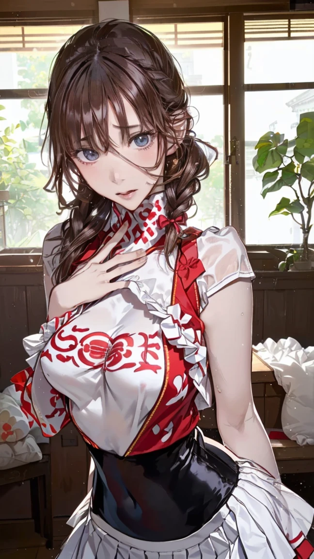 masterpiece, best quality, married woman, aldult, Chinese style, China, elder sister, Smile, brown hair, princess cut, Single fritter braid,Black tights,Full of motherhood,传统China服装,pure,blush,Dignified yet lively,Mother,Put your hand on your belly,thin lips