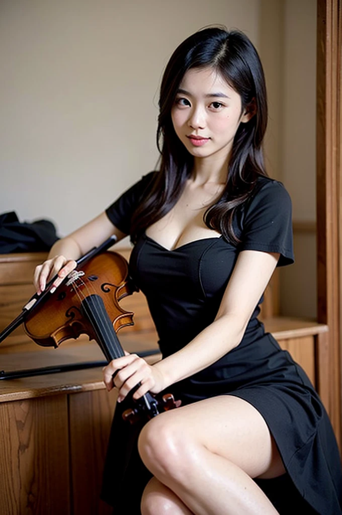 1girl, lute (instrument), blonde hair, blue eyes, (sitting with the legs wide open:1.2), blurry background, boots, bracelet, braid, breasts, brown footwear, brown vest, chair, deep cleavage, depth of field, dress, head tilt, indoors, jewelry, lips, long hair, long sleeves, looking at viewer, makeup, medium breasts, downblouse, necklace, open mouth, (playing instrument:1.4), realistic, shirt, spread legs, sitting, skirt, smile, white shirt, window, wooden floor,