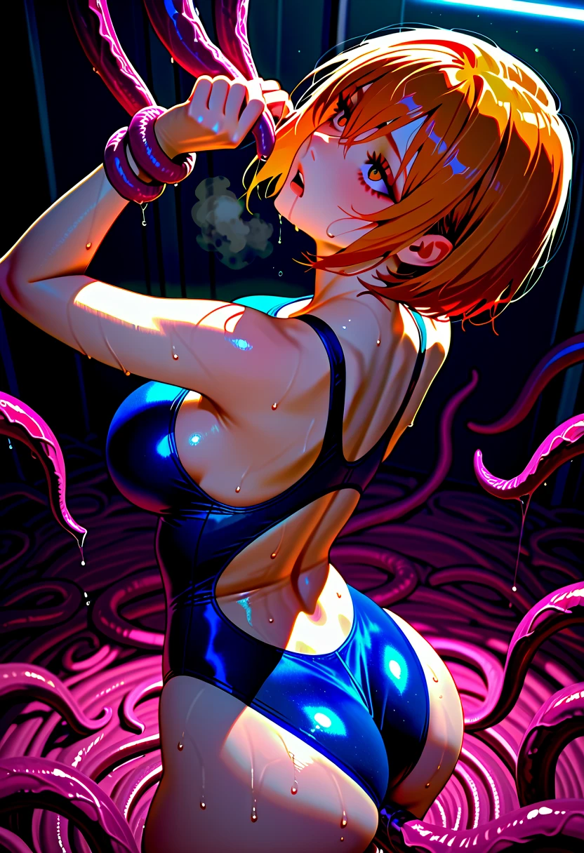 (masterpiece), best quality, expressive eyes, perfect face, ((solo, mature woman, full body, look smart, blond hair, short bob hair, glasses, striped bra, striped side-tie panties, large breast, large butt, look relaxed expression, open mouth)), low view, ((aliens, alien monsters, tentacles, monstrous tentacles, swarming, surrounding, in the spaceship)), 