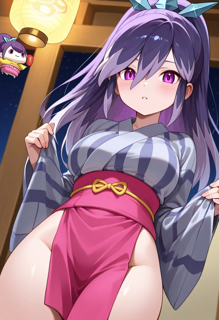 ((mejor calidad)), ((Obra maestra)), (detallado), cara perfecta, ojos perfectos, manos perfectas, reisen udongein inaba, 1girl, bare legs, medium breasts, long hair, panties, purple hair, rabbit ears, animal ears, rabbit tail, white shirt, pink skirt, red eyes, solo, ass