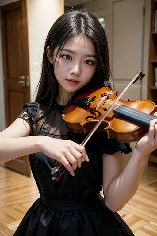 (A gorgeous Chinese office lady, age 28, wearing formal white shirt and grey pencil mini-skirt, playing a violin in her cosy bedroom at night, friendly and kind expression, gentle smile, dimpled smile, cute snaggle-tooth, Korean Bob Haircut Side-Bangs-Sophistication, beautiful detailed face, bright_and_full_of_warmth_eyes, beautiful detailed eyes, ample round bosom, photorealistic, hyper-realism, high contrast, ultra HD, realistic skin textures, top image quality, top-quality, super high resolution, fine details, very meticulously, masterpiece, head to knees, the Cowboy shot, romantic atmosphere, bokeh night background, warm lighting)