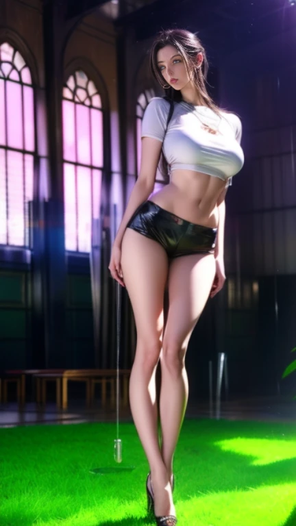 masterpiece, best quality, highly detailed, highres, super detailed, 20 year old girl stands front doggy style, beautiful eyes, beautiful face, beautiful lips, open mouth, solo, (intricate beautiful face, orgasm on face, detailed face:1.1), (intricate bob hairstyle hair, pink hair, detailed hair:1.1), (cinematic view, front shot, looks at the viewer:1.1), (intricate latex shorts, beautiful latex shorts, sculpted latex shorts:1.1), without a bra, belt fits breasts, belt fits legs, hand strangulation of the neck, (big beautiful breasts, voluminous breasts, naked breasts:1.1), (detailed body, beautiful body, naked body:1.1), (big abs, beautiful abs, sculpted abs:1.1), (beautiful legs, detailed legs, sculpted legs:1.1), (beautiful sneakers, detailed sneakers:1.1), bright glowing eyes, (white skin, bright skin, detailed skin, glistening skin:1.1), (cosmos background, detailed cosmos background, boke cosmos background:1.1), perfect natural lighting, detailed lighting