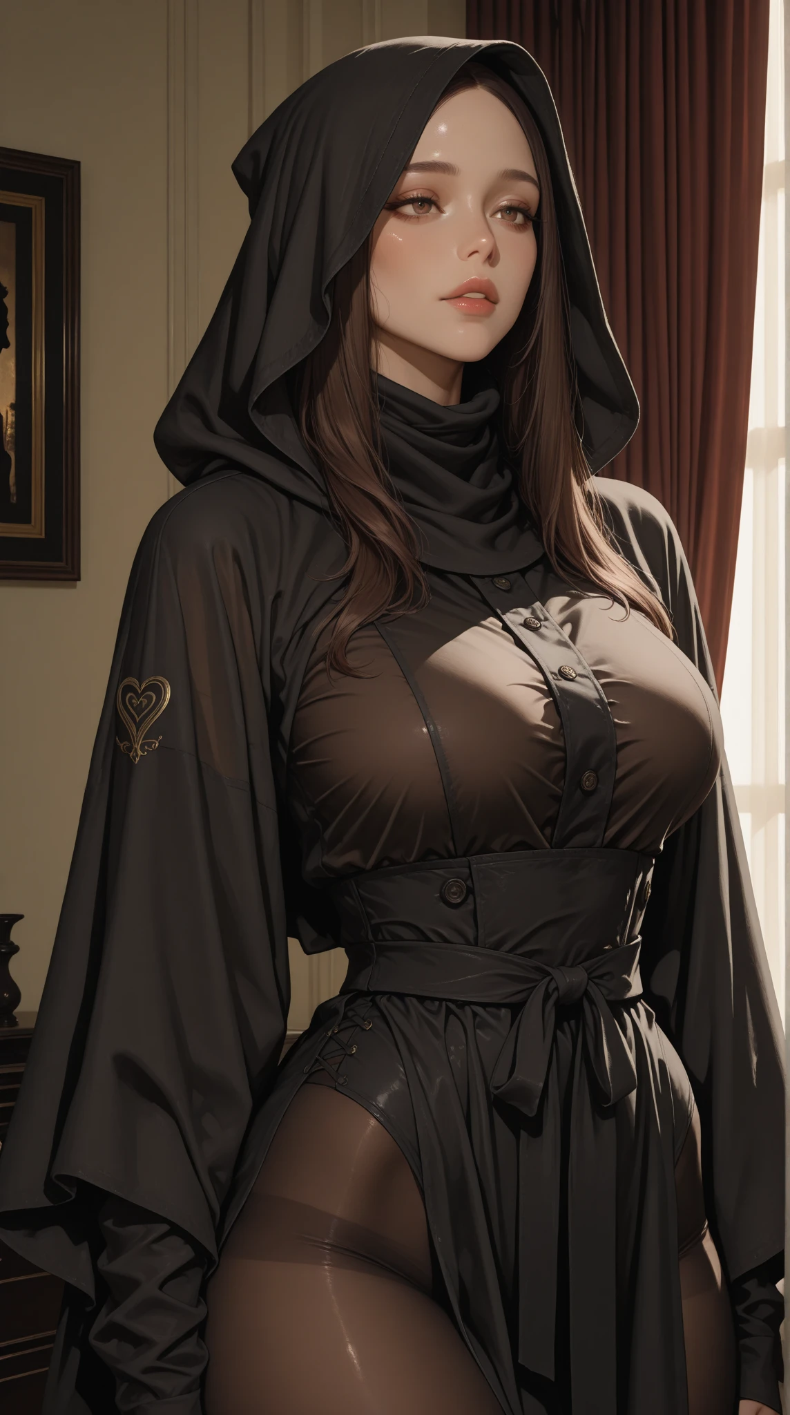 (masterpiece, best quality, photorealistic, cinematic, ultra-detailed), medium shot, full body, perfect anatomy, perfect eyes, perfect hands, ((large cleavage)), long round legs, ((1 voluptuous girl:1.5)), ((nude)), the model exudes an enigmatic allure, draped in a deep, burgundy-hued hooded jacket that falls gracefully to her hips, the jacket is composed of a sumptuous blend of velvet and silk, allowing the fabric to flow like liquid as she moves, the hood features intricate black lace trim, adding a touch of dramatic elegance, the jacket is cinched with an antique bronze clasp that shimmers like aged fire, the model's hair is a striking, fiery red, cropped into a tousled bob that frames her face and nape, the vibrant hue contrasts with the deep hues of her attire, creating an arresting visual juxtaposition, the hair's texture adds to her air of casual allure