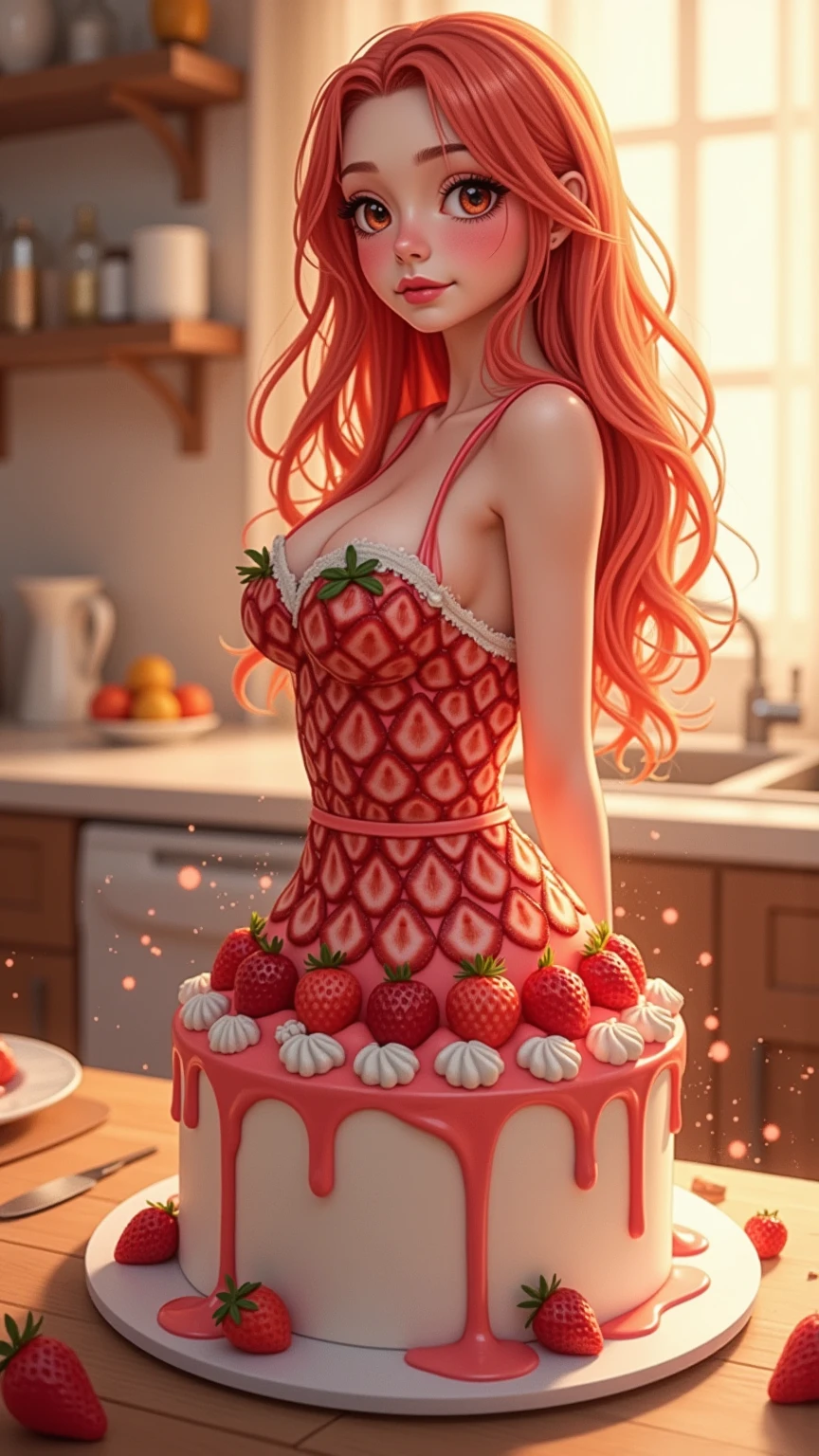 "In a restaurant, an incredibly mean, slender and dominating ginger woman wearing a purple vinyl baker outfit and heels stands confidently (holding seductively in each hand a large pie covered with whipped cream:1.2) with a superior, belittling expression and a confident grin."