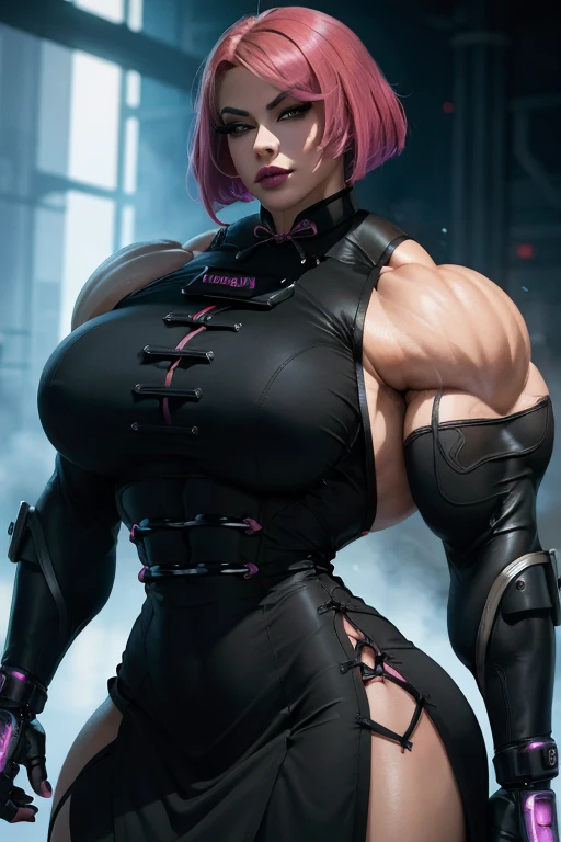 (((Close-up))), tall, (violet purple hair), beautiful muscular cybernetic female ninja, long hair with long bangs, black lipstick, pale white skinned, closed smile, large breast, (massive muscles), (hyper muscle), ((ginormous bulky muscles)), black eyes, (ninja mask), ((violet cybernetic ninja armor suit)), (black cape), ((violet cybernetic ninja armor pants)), choker, cybernetic boots, ((holding a massive fire sword)), (in front of a burning castle),
