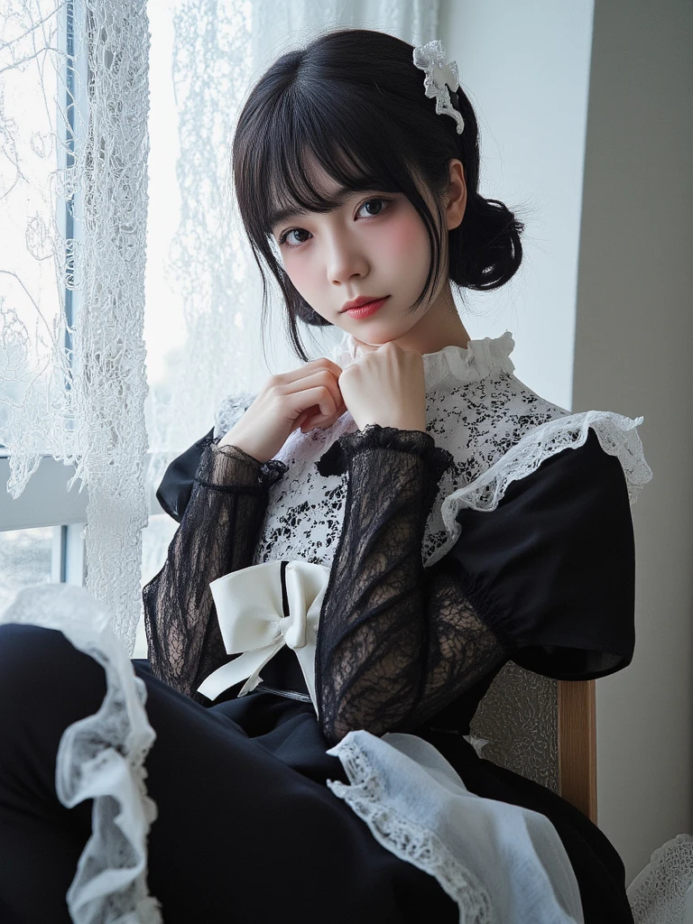 (8K, Raw photo:1.2), (Best Quality:1.2),( masutepiece:1.2), high-definition RAW color photography, professional photograpy,
 cowboyshot, (Best Quality),
 18yo 1girl, Solo, Black hair, Asian, Cinematic Light, (finerly detailed face:1.2), (masutepiece:1.5),
 (Best Quality:1.2), (Looking at Viewer:1.2), (Inside the campusin the background:1.3), (Valley:1.3), (Black skirt:1.3), (Lolita Fashion:1.4), (zettai ryouiki:1.2), (black thighhighs:1.3), (White panties with ribbon:1.0), (Crotch line:1.4), pantiesinskirt ,(skirt lift:1.3), sit in a chair