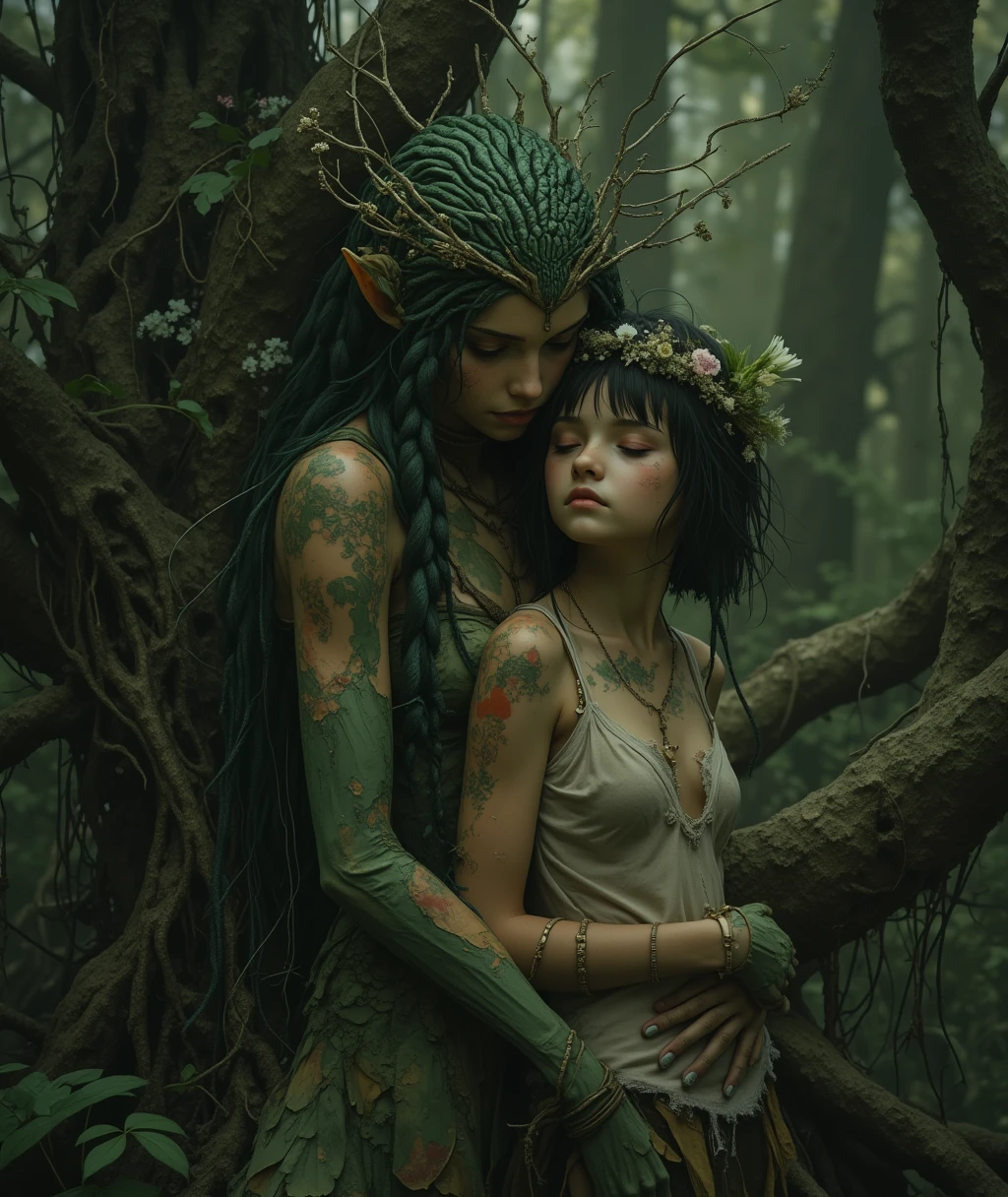 bailong plant girl, a girl made of fresh plants, green skin, bright green eyes, dark green hair, antlers, passionate kiss