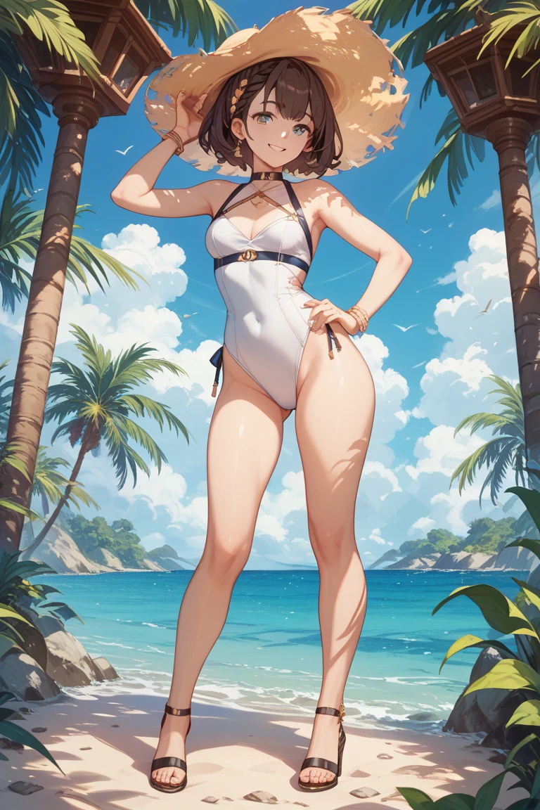 1girl in、A smile、(small tits)Chilarism、夏天、mare、sea bathing、(who has taken off her swimsuit)Artistically、art by、Beach、the wind、suns、Portrait from the knee up、