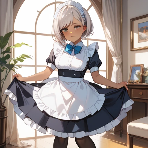 masterpiece, best quality, girl, grey hair, short hair, blue eyes, medium breasts, <lora:anastasia_(idolmaster)_v2:0.7>, indoors, maid headdress, maid, maid apron, wrist cuffs, smile, own hands together, smile, thighs, breasts, from below