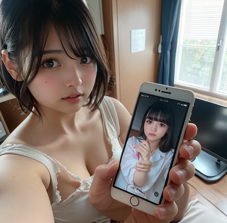Browsing Caution、最high quality、high quality、Best image quality、8K、最High resolution、High resolution、最high quality、masterpiece、RAW Photos、whole body写真、Detailed and realistic human body、Detailed and realistic skin、Realistic face in every detail、Detailed and realistic eyes、Detailed and realistic lips、Detailed and realistic teeth、Detailed and realistic ears、Detailed and realistic hair、Realistic reproduction of every detail、((Beautiful Hands(thumb１、reference４))、Realistic feet down to the last detail、Realistic breasts down to the last detail、Realistic areola down to the last detail、Realistic nipples down to the last detail、Realistic pussy down to the last detail、Realistic vagina down to the last detail、((Realistic pubic hair down to the last detail:1.3))、((Beautiful Japanese Girl))、(Japanese Model)、 ((18 year old beautiful girl))、(Black Hair)、(Random Hairstyles)、((whole body))、((Slim and perfect figure))、(Beautiful and firm breasts)、(whole body光沢肌、Fair skin)、(Full nudity)、(All Nude)、((A girl trapped inside a smartphone screen))、((A girl completely trapped inside a smartphone screen))、((Put her perfectly on your smartphone screen))、((彼女のwhole bodyがすっぽりと入る大きなスマホ画面))、((Take a picture of her naked body with your smartphone))、((Squat with your legs wide apart(Show me your pussy))、((I look at her naked body on my smartphone screen))