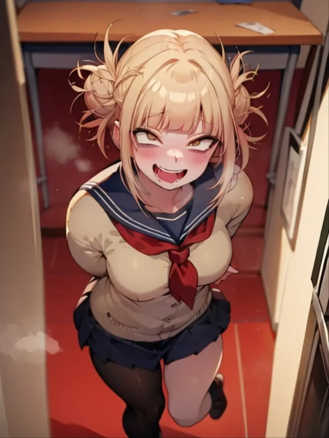 Highest quality，She looks at me teasingly.，(Stupid smile),Private toilet in school,(She is excited:1.3)，(She is suggesting that I give her a blowjob)，(steam)、High humidity，(Dark room in the evening)，(Anatomically correct detailed beautiful hands:1.3)