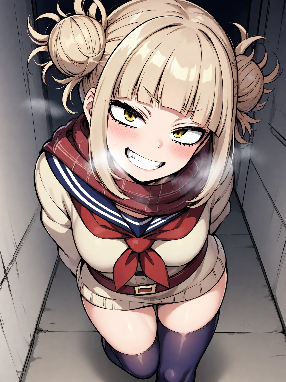 Masterpiece, best quality, (1girl), toga himiko, yellow eyes, super detailed, (huge breasts), looking at viewer, blonde hair, crazy smile, wide hips, chamchami, (cham22), black bikini, close up, open mouth, furry, thick thighs, cute face, breasts outside clothings, fully naked, squatting with spread legs, full body view,