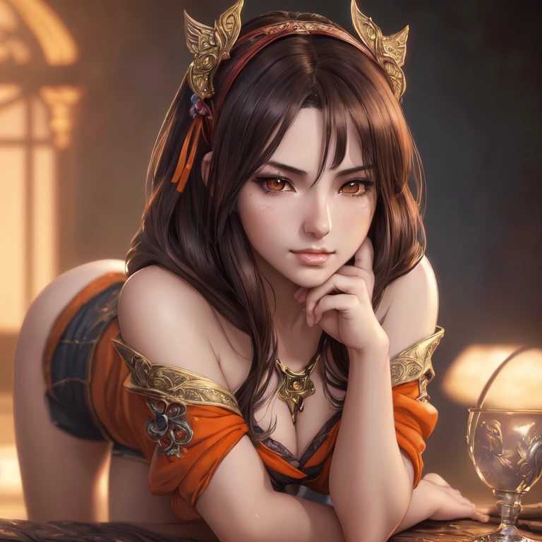 Upper body, oil painting, masterpiece, best quality, high resolution, long brown hair, jewelry hairpin, fat buttocks, stream stone or temple or bridge, pole suit, sitting, (Song dynasty, Song costume: 1.2),