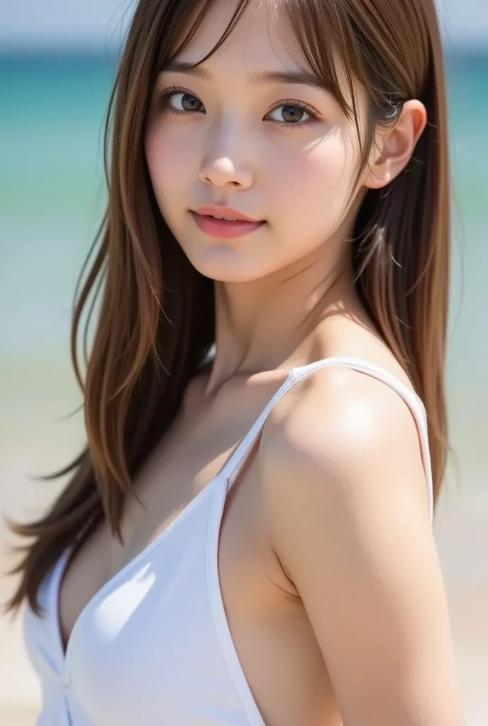 Tabletop, highest quality, shape, Very detailed, finely, High resolution, 8k wallpaper, perfect dynamic composition shape, Beautiful and exquisite,Studio Light, Written boundary depth, Upper Body, thin, cute顔, smile, Beautiful details in the eyes, 19 year old Japanese, cute, Voluminous curls and warm blonde color, Plaza, casual,Being on the beach、Wearing a white tube top、Random cute poses、smile、Hair blowing in the wind