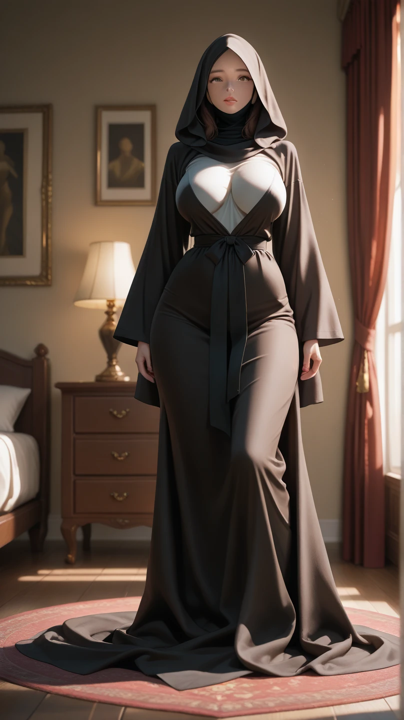 there is a woman sitting down with a longest brown hair, bbwchan, thicc, brown hijab outfit, brown hairstyle model, korean girl, korean woman, wearing brown robe, full length shot, alluring plus sized model, japanese goddess, clothed in hooded, voluptuous and arousing, portrait shot, curvy model, voluptuous body, wonderful, nene tanaka body , bbwchan, The overall atmosphere is smooth , haunting illustrations, extremely high-resolution details, photographic, realism pushed to extreme, fine texture, 4k, ultra-detailed, high quality, high contrast, red sneakers , cold atmosphere ,, cold atmosphere, 10 bracelet , wearing huge diamond necklace , glasses , full body photoshoot