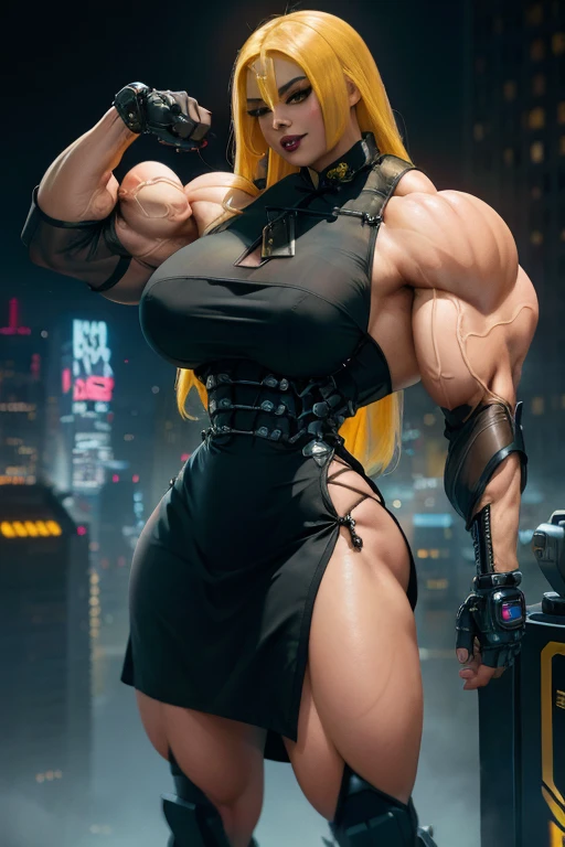 ((Close-up)), tall, (yellow hair) beautiful muscular latino woman, long flowing hair, brown skinned, closed smile, large breast, (black lipstick), (massive muscles), (hyper muscle), (ginormous bulky muscles), gray eyes, (((yellow tweed suit))), ((double breasted jacket)), pink bracelets, choker, high heels, on the rooftop at night,
