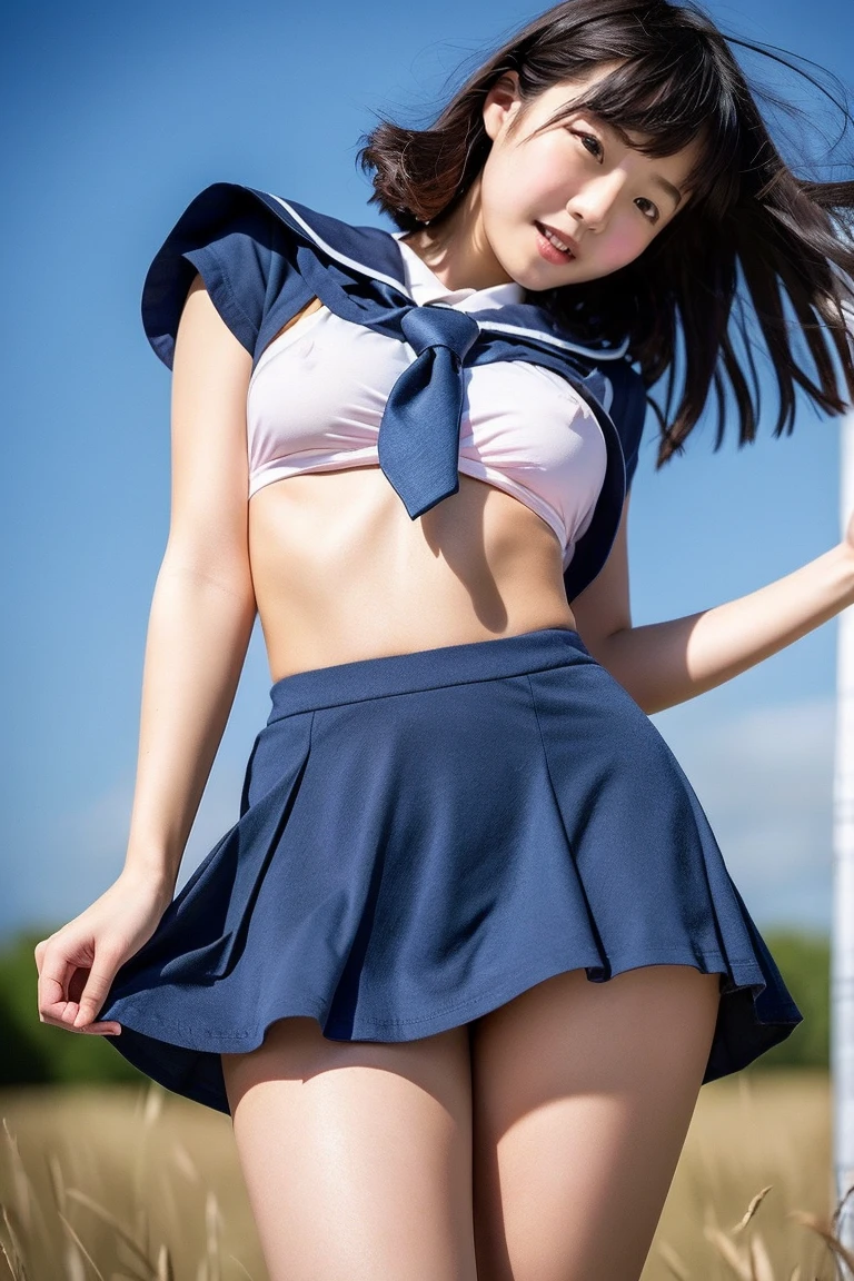(16K, HDR, High resolution), ((((Full body photo,Raw photo, Hyperrealism, masterpiece, highest quality, ultra High resolution)))), (Pin Light, Backlight,Cinematic Light), ((((Japanese school girl uniform,Sailor suit,Skirt flipped up by strong wind,Jump energetically,Dynamic pose),Camel Toe,Panties digging into pussy))), (Hyper Detail, finely), 1 Korean Idol, (((Shooting from directly below,Panty shot,String-shaped panties,Angle to look into pussy:1.3))),Huge breasts,Very heavy chest,Well-formed face,Beautiful Goddess,Archaic Smile,A provocative smile,Small, plump lips, Straight and cute nose, A little redness on the cheekbones,Long and beautiful eyelashes,Beautiful Face,Narrow waist,Narrow waist,Perfect Style,Big Ass