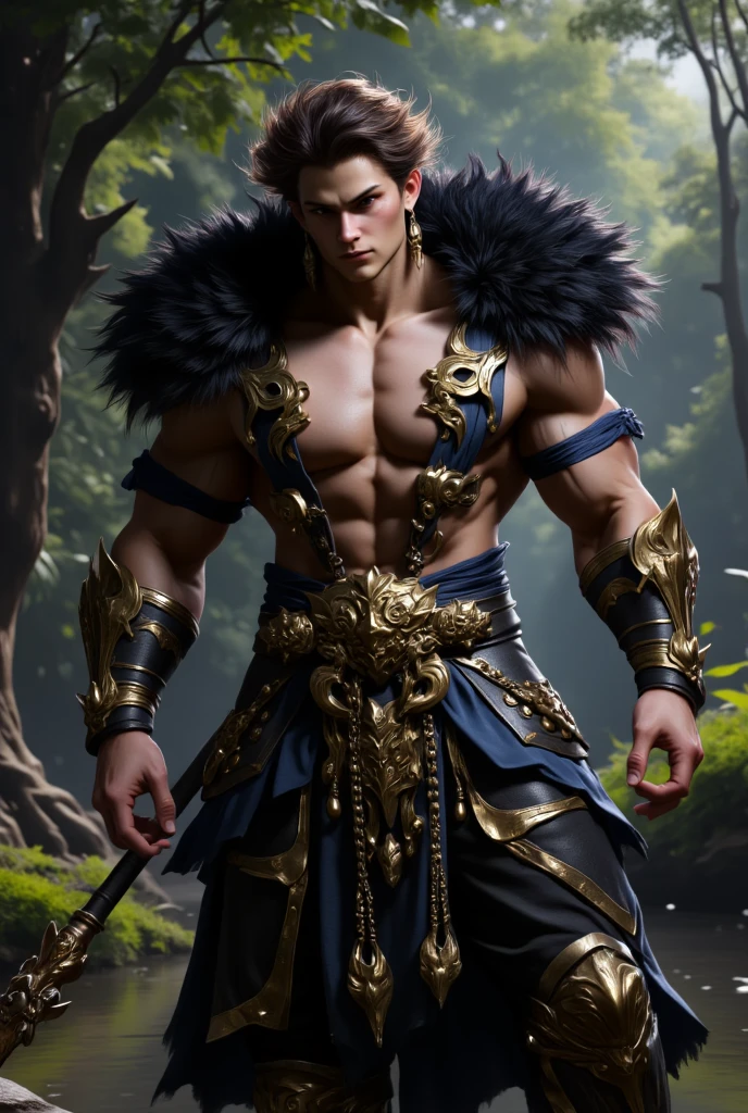 Best quality, masterpiece, ultra high res, photorealistic, (mascular, strong body builder) <lora:moonlord:0.6> a man in black and gold armor, headpiece, detailed skin, (facial hair, long beard), cinematic lighting, shadow, long black hair, biomechanical environment