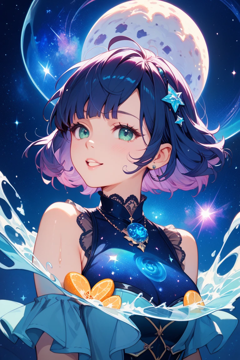 She is a transparent  with a dark blue outline resembling Bunny Star's hair color, Patrick Star's mother. Each of her eyes have two eyelashes and she also wears a dark blue dress, somewhat similar to her sea star counterpart. She also has three purple wheels where her legs would normally be. SPARKLE; GLITTER