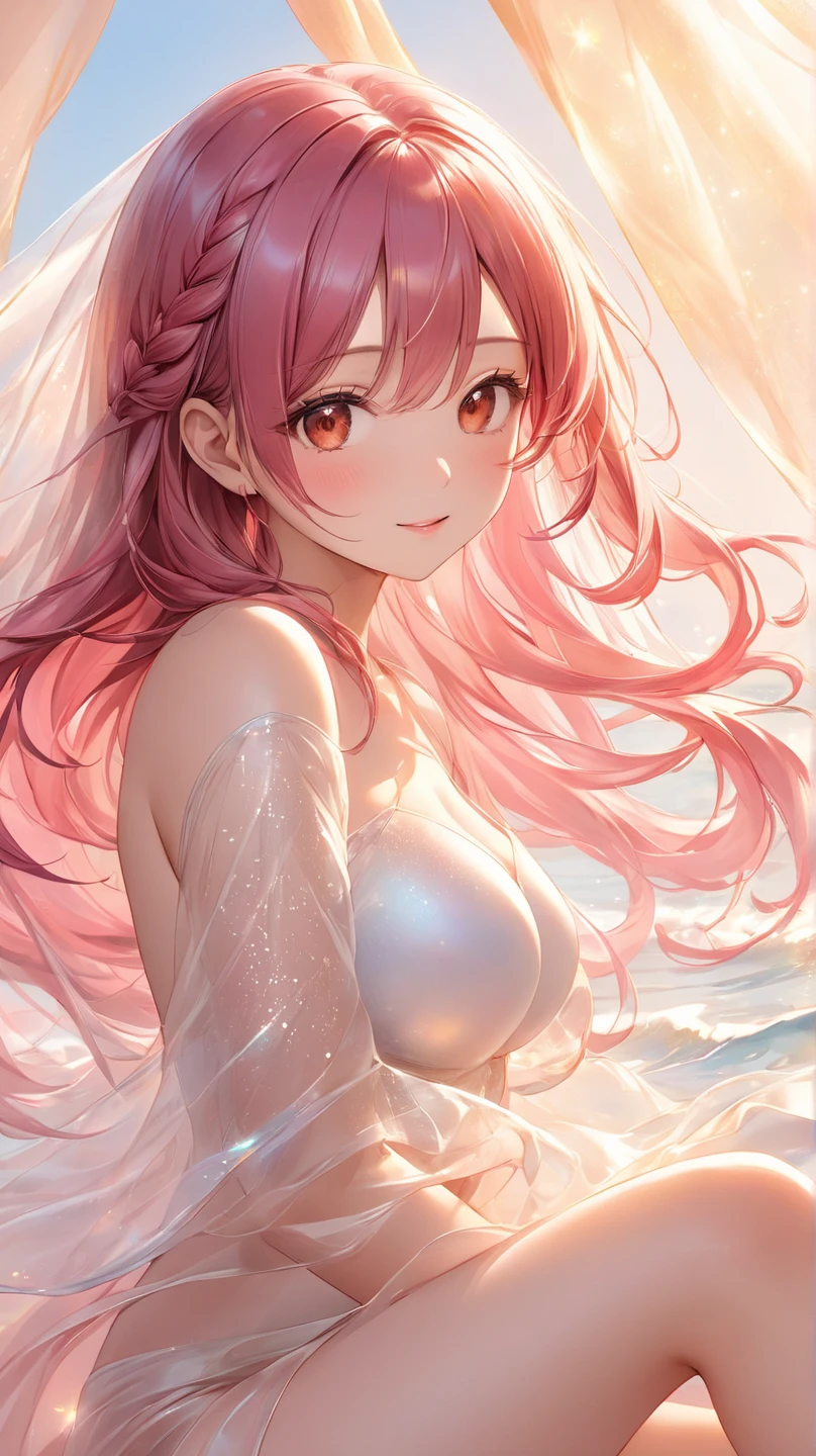 (8k, 4k, best quality, highres:1.2), (maasterpiece, realistic, photo realistic:1.37), 1girl, solo, beautiful face, eyelashes, nose, glossy lips, (detailed eyes, looking at viewer, fair skin, white skin:1.2), fine complexion, upper body,
(nude:1.5), large breasts,, 
outdoor onsen, 
two side up, absurdly long hair, blonde hair, pink hair, bangs,
younger, aged down,