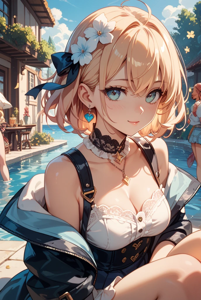 the same,
Depicts only one woman,
Golden Hair,Wet hair texture,Water dripping from hair,
(Short Hair.05),Ashime,straight,
((Black Rose))Hair Accessories,Purple Necklace,
Natural skin texture,Big boobs,Narrow waist,Bring both arms together,
(((Black)))One-piece dress,scarf,
White transparent jacket,
Golden crown,
Neuschwanstein Castle,Garden of Roses,Sit on a bench,
11:30 PM,wood々,darkness,Starry Sky,moonlight,constellation,shooting star,
Slightly larger breasts,expression(smile),Hall々and attitude,White teeth,Open Mouth,
blush,True Face,Sexy pose,Posture with emphasis on the chest,
Natural depiction,
Beautiful depiction,
Shiny eyes,
Healthy Body,
Natural hairstyle,
Natural body contours,
Natural facial contours,
(Five fingers)A clear depiction of,Symmetrical fingers,
Two arms,Two legs,
Sharp eyelid depiction,
Symmetrical eyes,
Keep the subject in the center,Expand the upper body,
Beautiful image quality,
Delicate shades,
4K,Very detailed,
Delicate light adjustment,
Delicate contour drawing,