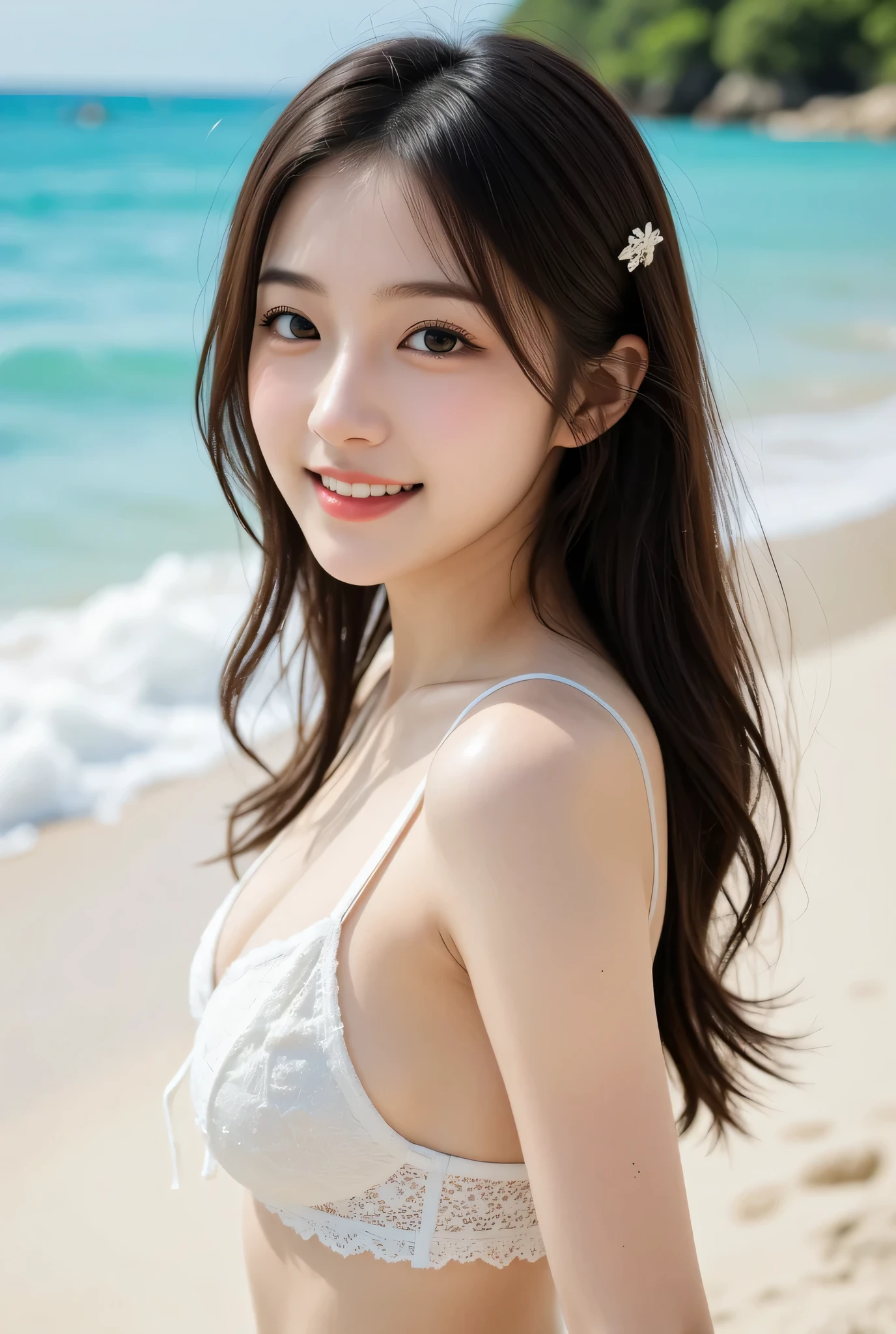 masutepiece, Best Quality, Illustration, Ultra-detailed, finely detail, hight resolution, 8K Wallpaper, Perfect dynamic composition, Beautiful detailed eyes, maikurobikini, Random and cute hairstyles, large full breasts, Natural Color Lip,Beach, Random and cute poses,A big smile