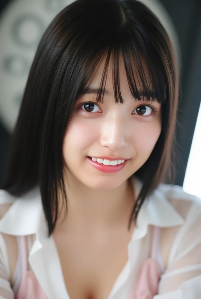 a woman,1 girl,black hair, hair bobbles, longeyelashes, solid circle eyes, light smile, mole under eye, piercing, light smile, shy, puckered lips, Surrealism, drop shadow, stereogram, ass pov, atmospheric perspective, depth of field, first-person view, f/1.8, 8K, super detail, ccurate, best quality, highres, best quality,full body,professional lighting,Cleavage