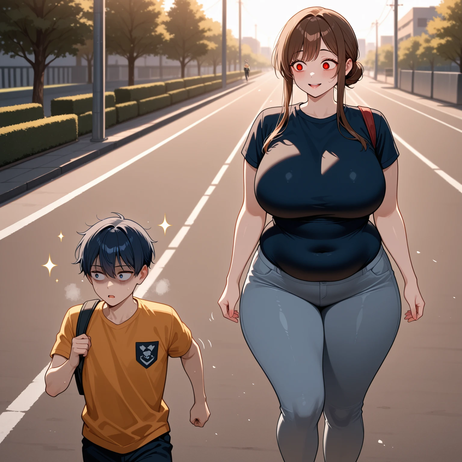 Score_9, score_8_up, score_7_up, score_6_up, score_5_up, score_4_up, source_anime, cute girl, detailed eye, casual clothing, bare shoulders, micro skirt, leg tights, accessories, sagging gigantic huge biggest breasts, huge areolae, areola slip, long nipple, dark nipple, hairy stomach hair, wide hip, thick thighs, hairy armpit hair, Japanese, cute Japanese, hentai, sweating, heart mark words, smelly, hentai, bukkake, embarrassing smile, looking away, in park, walking with little boy, holding hand with little boy, family atmosphere, group photo, 