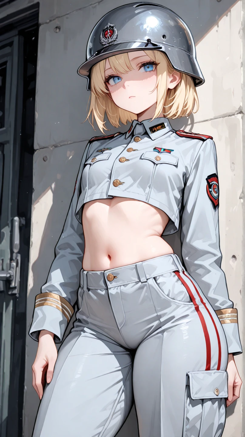 cute, small, short, flat, masterpiece, detailed, high quality, absurdres, Tanya Degurechaff, 1girl, solo, evil grin, curvy, military, military uniform, pussy peak, no panties