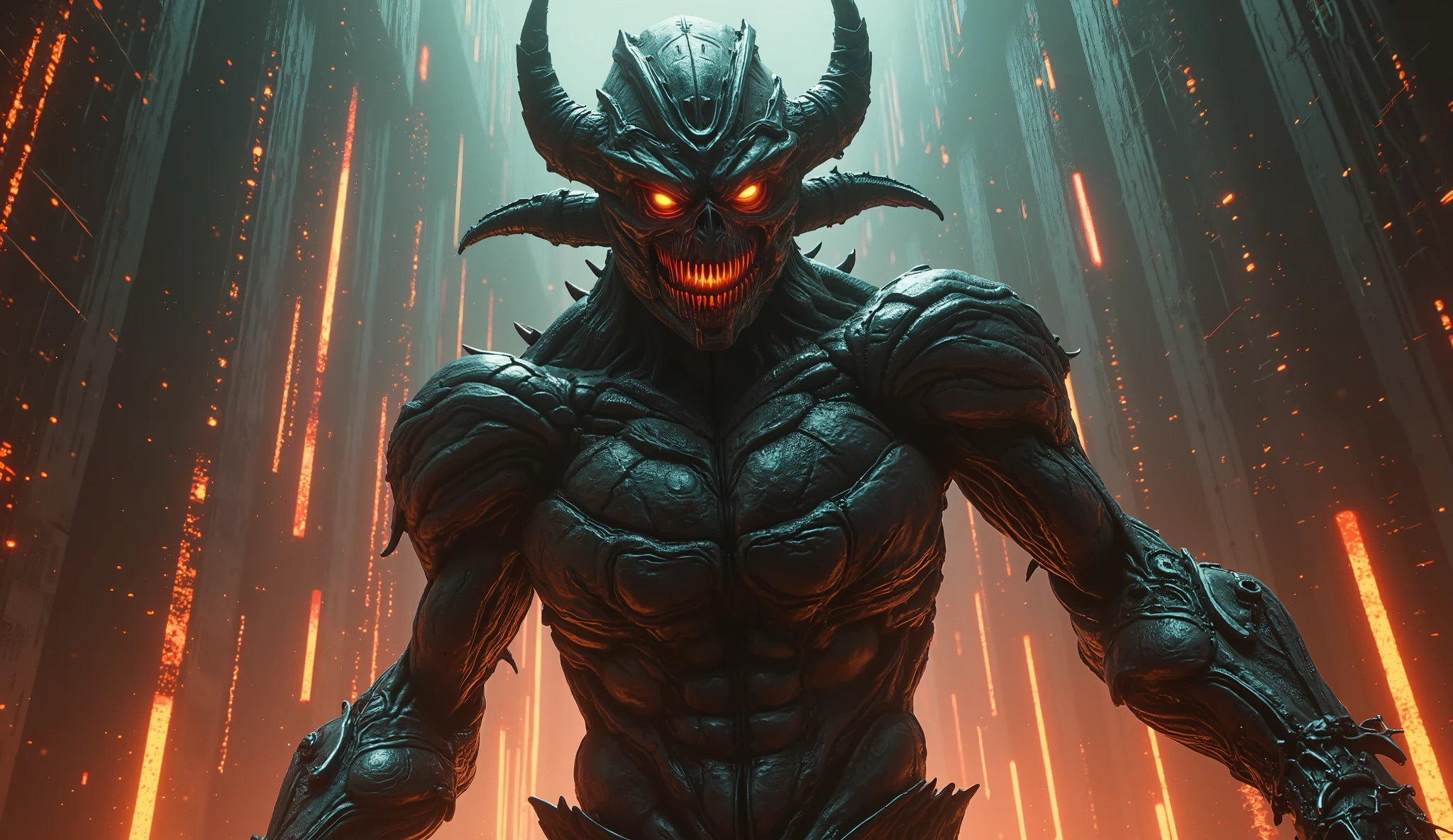 Demon, biomechanical, detailed, portrait, dramatic, cinematic, data mosh, glow