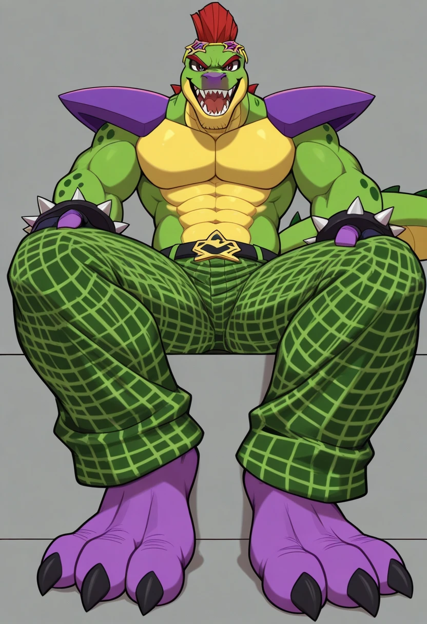 adult male, montgomery gator, solo, sitting in an couch with crossed legs, smirk, smug, purple pants, ???????, red hair,