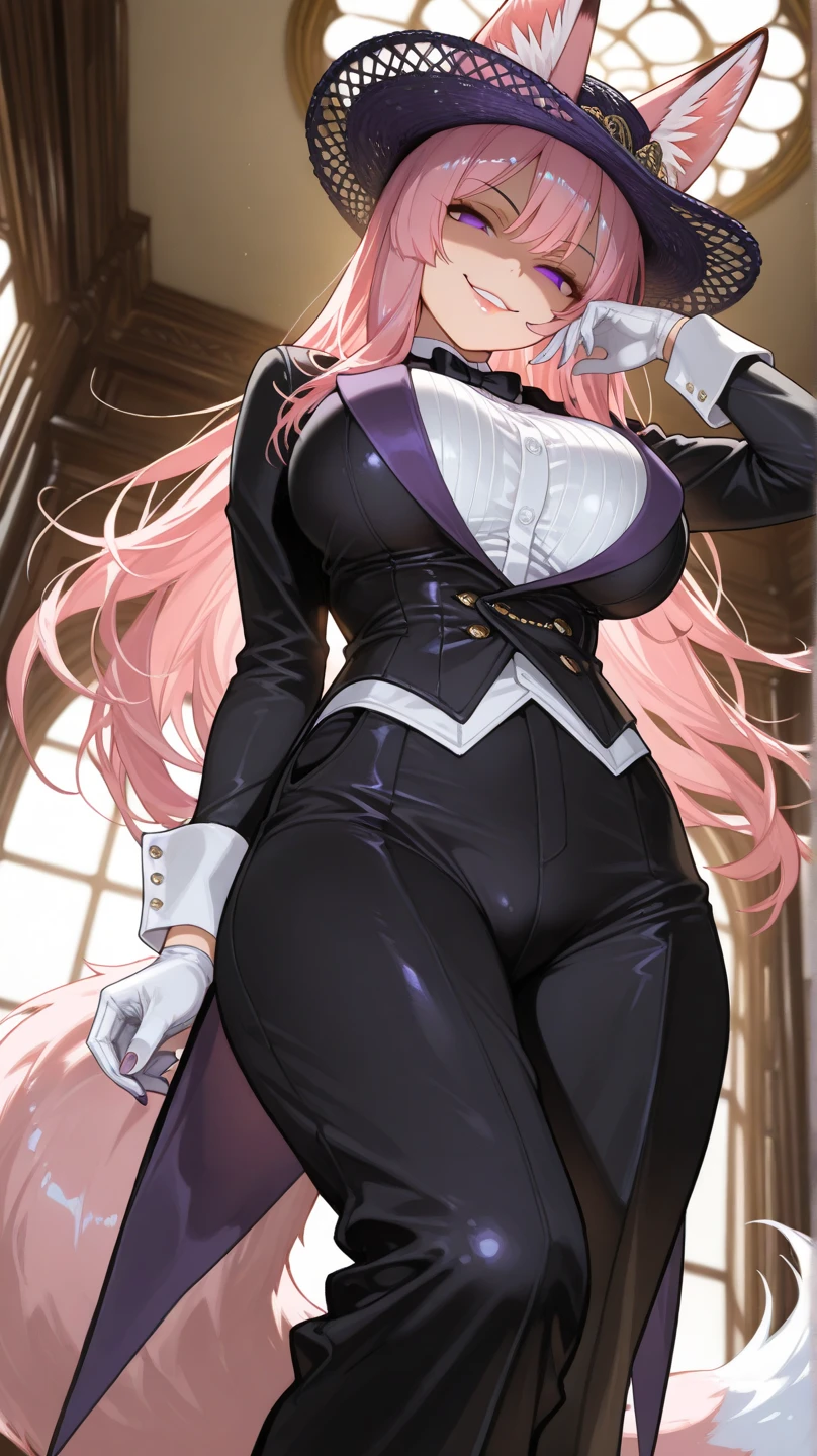 Perfect face. Perfect hands. A pink haired woman with violet eyes and and an hourglass figure and long hair is sitting a mausoleum in a fancy suit with a big smile