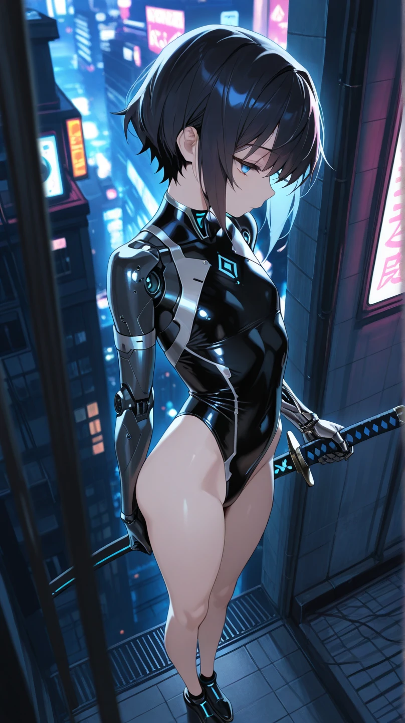 ((Best Quality)), ((Masterpiece)), (High Resolution:1.3), 3D, Shitsumeka, Beautiful Cyberpunk Woman with Ruined City Mechs, Ancient Technology, HDR, Ray Tracing, NVIDIA RTX, Super Resolution, Unreal 5, Subsurface Scattering, PBR Texturing, Post-Processing, Anisotropic Filtering, Depth of Field, Maximum clarity and sharpness, Multi-layer textures, Albedo and specular maps, Surface shading, accurate simulation of light-matter interactions, perfect proportions, octane rendering, two-tone lighting, low ISO, white balance, rule of thirds, wide aperture, 8K RAW, efficient subpixel, subpixel convolution, light particles, light scattering, tyndall effect, rearview mirror, short hair, shore, giant moon, sitting on rooftop, turning around, emphasizing buttocks, beautiful legs