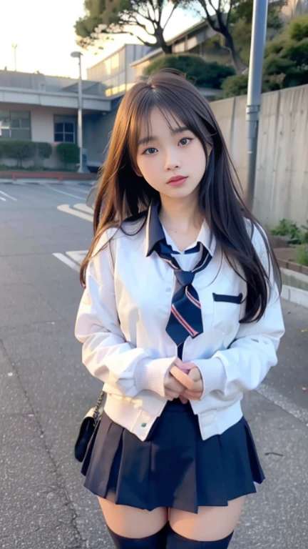 highest quality、High level image quality、high detail、8k、1、very cute、beautiful girl、god々々right、cute like an angel、big eyes、glamorous girl、Fluffy smile、150cm、Jacket White Polo Shirt、red tie、Red hanging skirt、suspenders、black haired、amount、((skirt lift, flashing tiny pussy))、outside the house、School zone、nsfw,