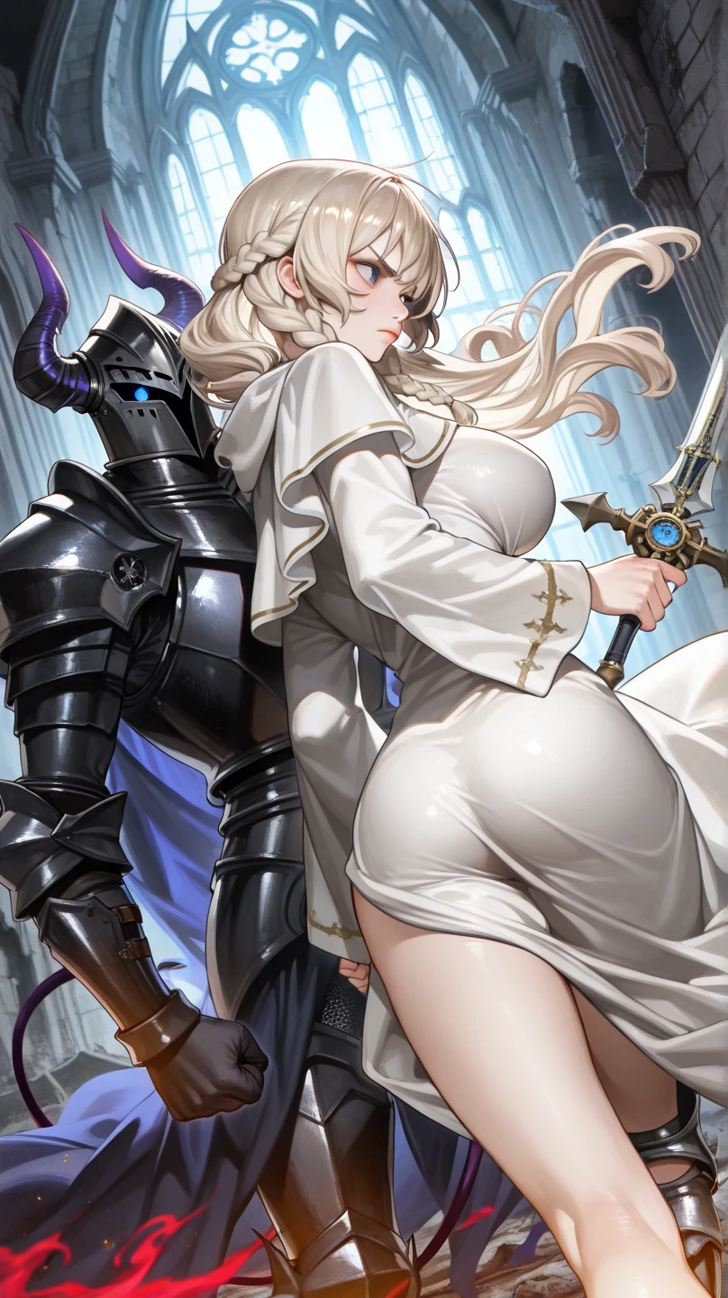A sexy girl with long white hair, wearing yellow and white lace armor, blue pupils, big breasts, white lace stockings, holding a glittering dagger in both hands, a golden crescent-shaped mech on her back, an arrogant expression, a lewd pose, a church