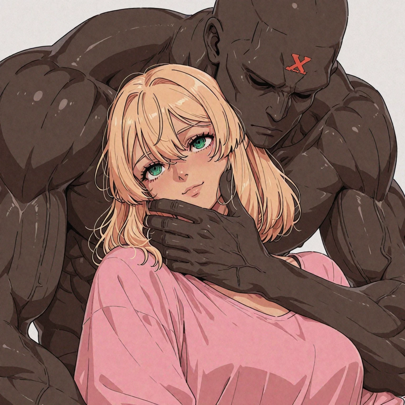 2women hugging 1man, Specter(Arknights) and Skadi(Arknights),white hair,slim body, big breast,big thighs, wearing nun outfits, hugging their husband (black man,muscular body, faceless, wearing casual clothes,bald),nsfw, midnight setting,on a bed.