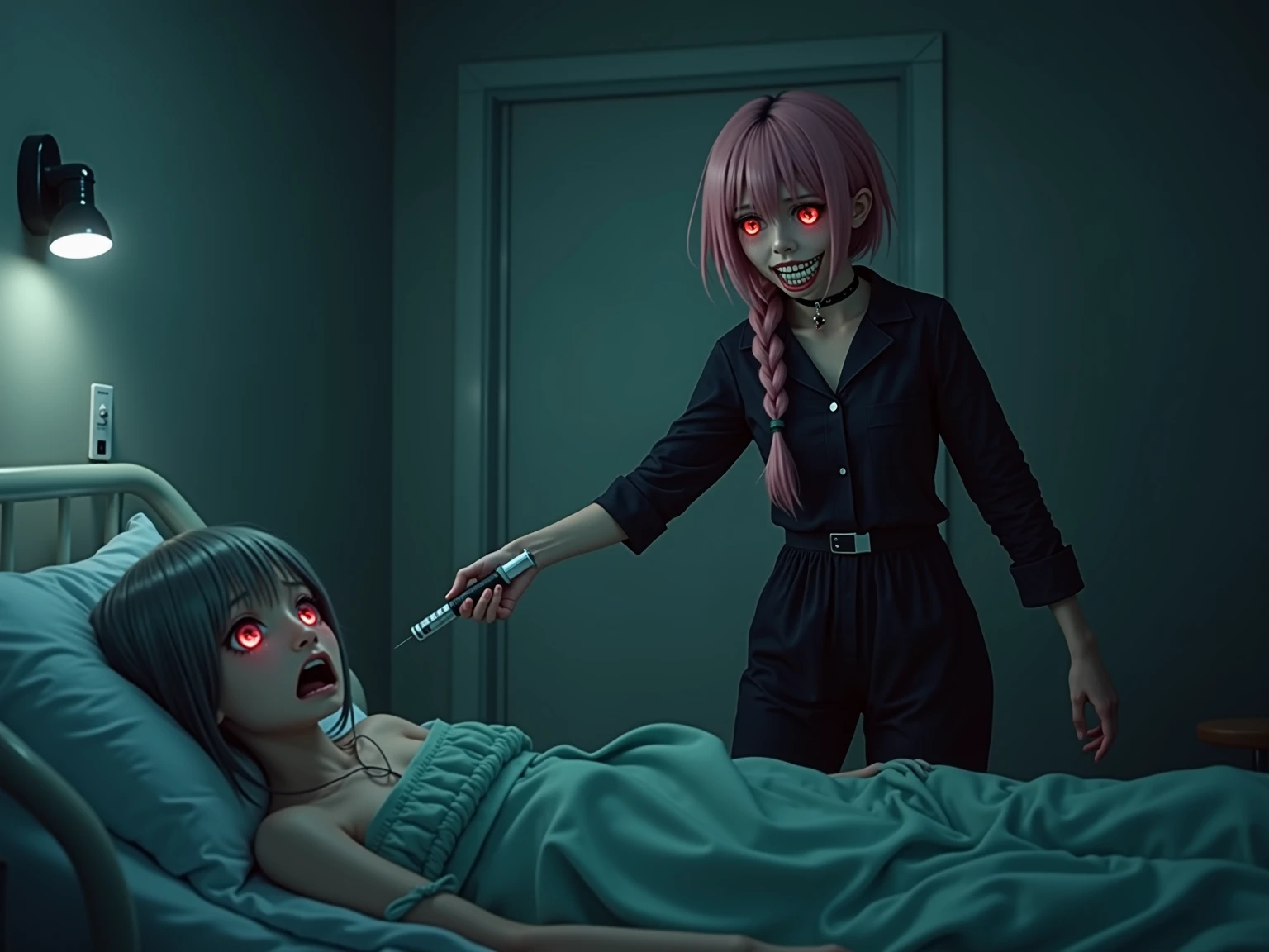 Make a white-haired teenager with red streaks, Scarlet eyes, lying in a bed of captivity, expression of hate and pain.
anime styling