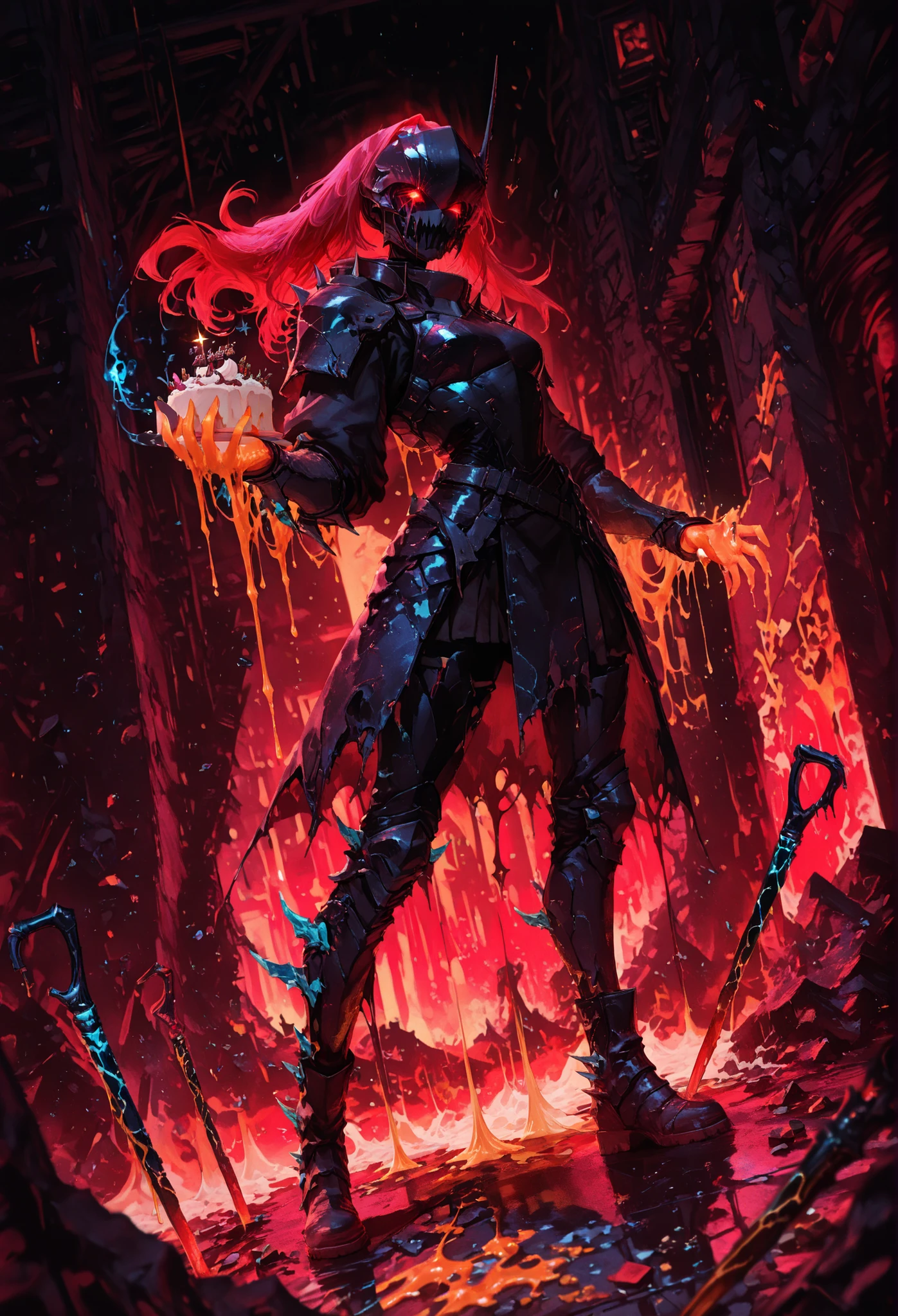 masterpiece, ultra detailed, 4k resolution, cinematic lighting, dynamic angle, perfect anatomy, in a neon-lit futuristic arena made of dessert ruins — melting chocolate towers, broken canes, and frosting-coated debris — a monstrous dessert stands tall. It’s a mutated cake-beast: whipped cream tendrils, spike armor, and glowing jelly-core eyes. The creature roars, oozing molten caramel from its mouth. Standing defiantly before it is iJessy, reimagined in a sleek cyberpunk combat armor — black and violet with holographic accents. Her long red hair flows from the back of her helmet, cat-ear-shaped visors glowing softly. In one hand, she holds a luminous dessert-blade, forged from crystallized sugar energy. The air crackles with energy as she charges forward, her boots kicking up sprinkles from the ground. HUD elements flicker in the scene: 'Enemy: Cake Horror Detected' – 'Sweetness Level: 9000'. The tone is both epic and playful — a perfect mix of chaos and cuteness.
