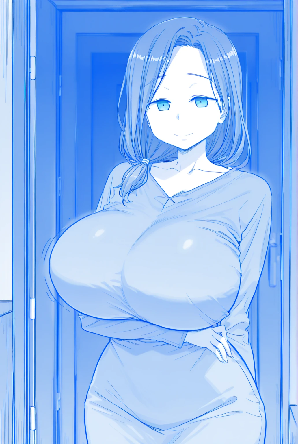 there is a cartoon of a woman, a manga drawing by Naka Bokunen, trending on pixiv, happening, revealing clothes, with a large breasts, (sfw) safe for work, with large breasts, fully - clothed!!!, she has a jiggly fat round belly, big breasts!, touching her clothes, big breasts!!