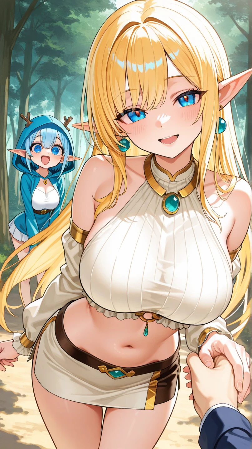 score_9, score_8_up, score_7_up, score_6_up, score_5_up, score_4_up, (source_anime), 2girls, monster musume no Iru Nichijou, (papi from monster musume,girl, blue hair, Short hair, Little  girl body, small breasts), (Centorea, Blonde, Centaur, massive breasts, Tall stature),  yuri, Human and animal hybrid, age difference, size difference 