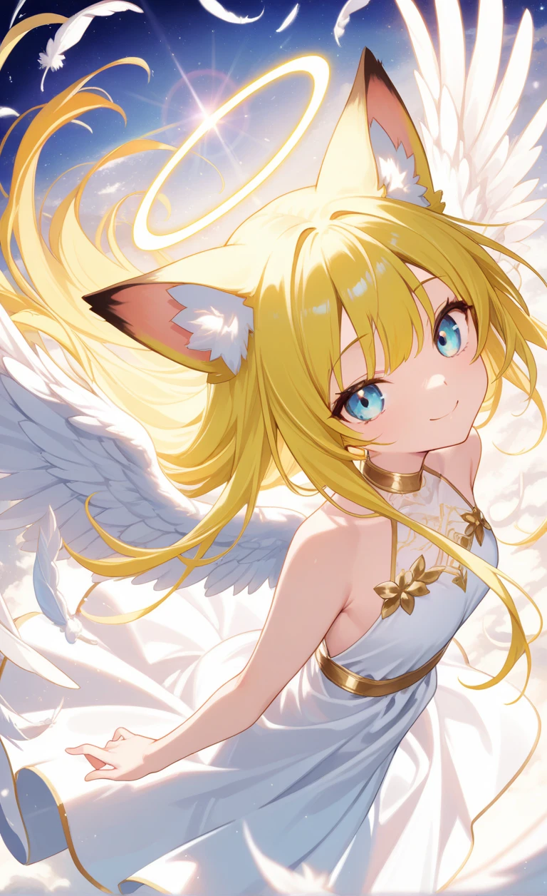 masterpiece), best quality, expressive eyes, perfect face,
((One cat-eared angel)), goddess-like atmosphere, (the screen is filled with tiny glowing objects like fireflies:1.2),standing, (full body1.4), (wideshot:1.3), (longshot:1.3),
22 years old, (medium sized breasts:1.2),
(golden theme),
BREAK
(brown eyes:1.4), (look at the vewer:1.3), (smile with downward drooping corners of eyes:1.3), (gentle smile:1.3),
BREAK
(light yellow cat ears:1.4), (inside the cat ears is paw-colored),
BREAK
light yellow hair, long hair, (two-side-up-hair under the cat ears:1.8),
BREAK
(a pair of wings on the upper body:2.0), (wide spread large wings:2.0), (shining golden feathered wings:2.0),
BREAK
(dress made entirely of yellow:1.8), off-shoulder, short sleeves, (tied with string at waist), (lots of gathers from waist down:1.4), (dress is midi-long:1.4),
BREAK
wide shot, daytime, (wide and green grassland in the background:1.6), (white flowers on grassland:1.3), (clear, wide, blue sky:1.5)
