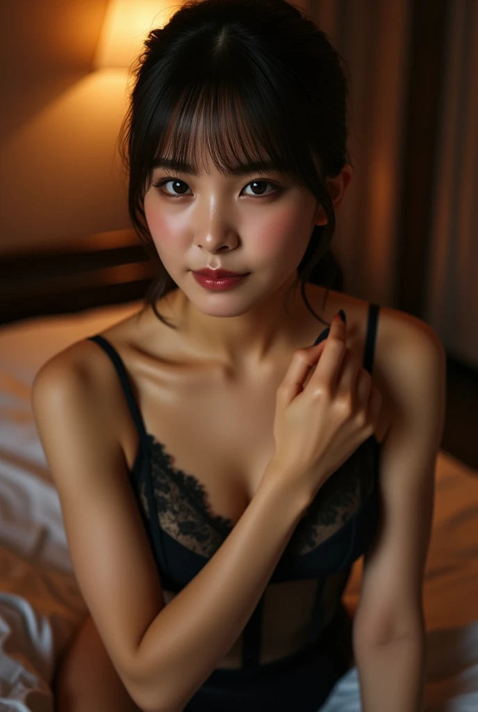 ((Top Quality, 16K, Masterpiece: 1.3)), 1 Beauty: 1.3, (Body Type: Slender Shoulders: 1.4, Big: 1.1, Slender Abs: 1.2), (Hair: Short Hair Layered Cut), (Face: Ultra Detailed Face and Skin Texture, Detailed Eyes, Double Eyelids, Detailed Brown Eyes), (Pose: Elbows, Crawling on All Fours: 1.2, Anatomically Correct), (Costume: Black Lace Babydoll), (Location: On the bed), Sharp focus: 1.2