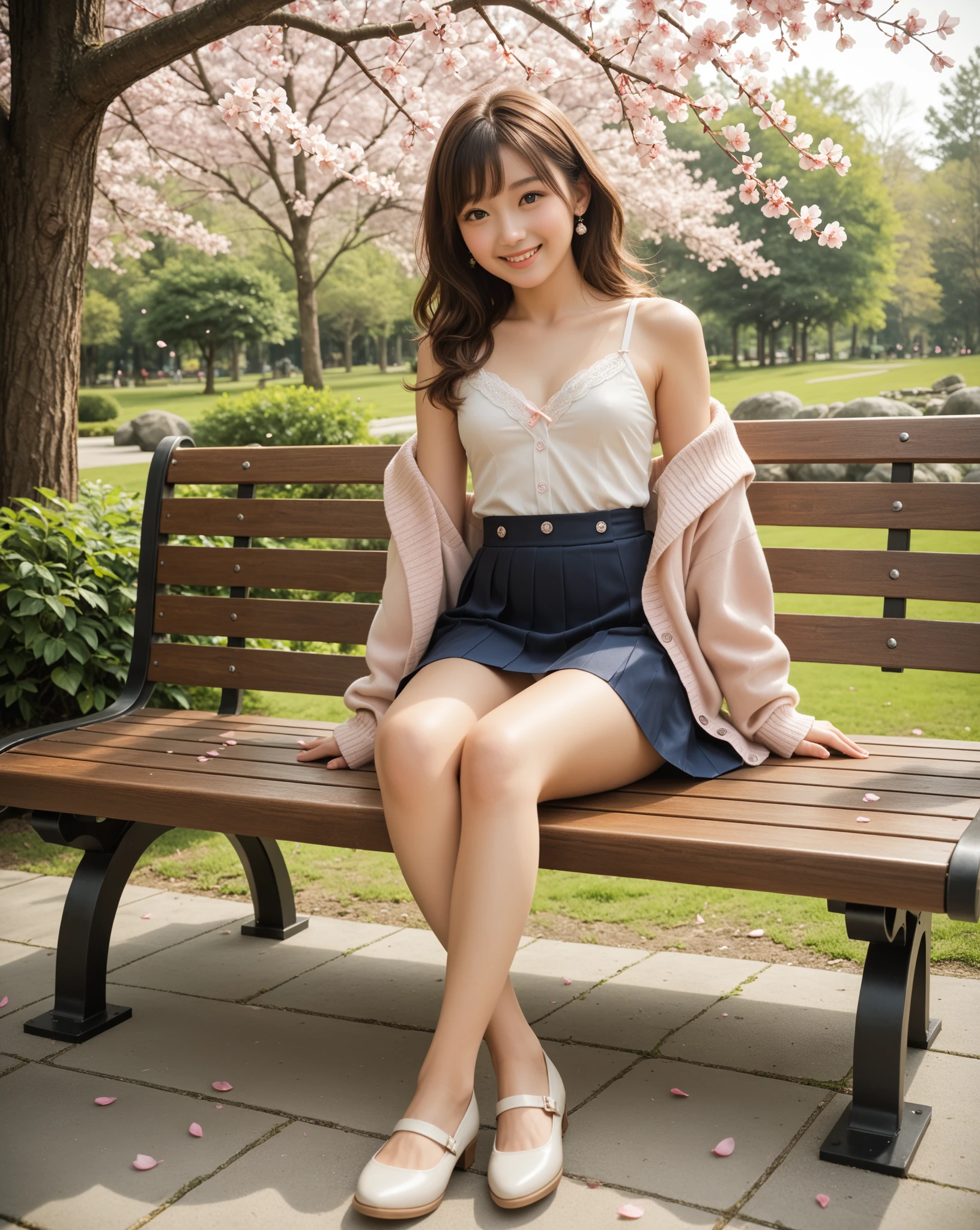 Pure Japanese school girl, sexual attractive, outstanding body, beautiful legs, shiny white skin, wearing loose uniform, panty, natural black short hairstyles, sweet smile, sitting on bench, refreshing in early summer morning, composition from the front,