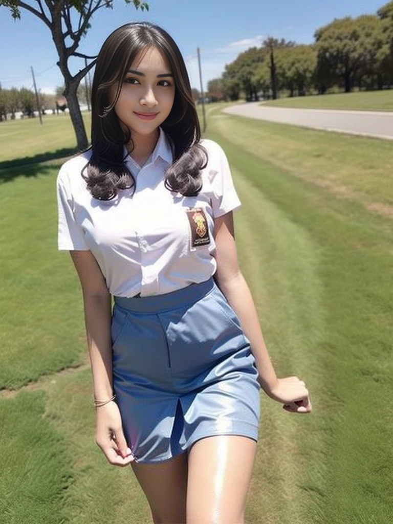 1girl, (uniform), standing, outdoors, detailed face, detailed eyes, thick breasts, shiny skin, tight shirt, grey blue short skirt, looking at the audience, low angle shot,(8k, RAW photo, best quality, masterpiece: 1.2), (realistic, realistic: 1.37), ultra-high resolution