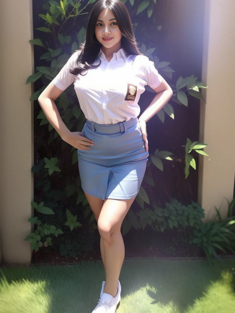 A teen girl with Indonesia face, approximately 16 years old. The girl can be seen in the process of peeing. Standing. Wet patch. Incontinence (urination:1.5) (peeing in skirt) (facw view to camera), scared expression.